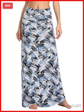 Women's Maxi Skirt High Rise Fold-Over Flare Long Skirt Spandex Comfy